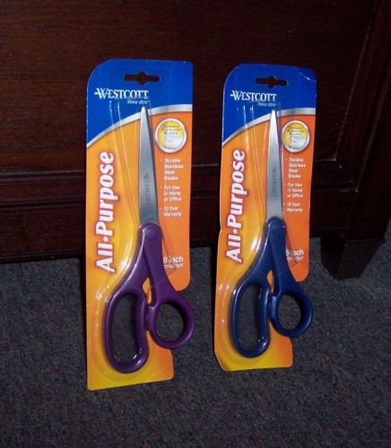 2 new westcott 8&#034; straight all-purpose scissors left or right hand purple &amp; blue for sale