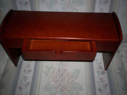 Rolodex shelf with drawer black wire caddy on back  mahogany finish wood brown for sale