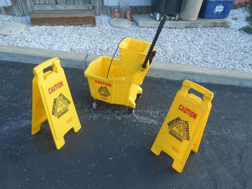 Rubbermaid Janitorial Mop Bucket and Wringer &amp; 2 caution  easels  Heavy Duty