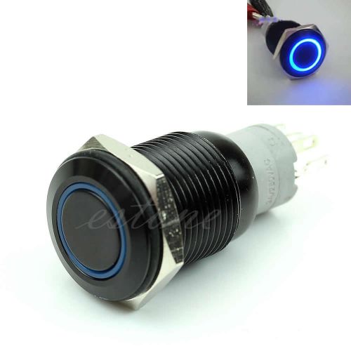New 16mm 12V Blue LED Power Push Button Switch Black Aluminum Metal Latching Hot
