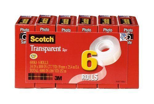 Scotch Transparent Tape, 3/4 x 1000 Inches, 6 Rolls (600K6) New