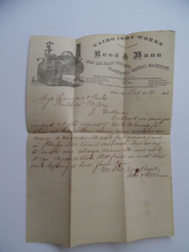1868 Cairo Iron Works Mann &amp; Reed Handwritten Letter Steam Engine Letterhead IL