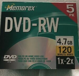 DVD-RW 5pk (CM) Memorex 1x 2x 4.7GB 120 Mins For Pc Or Home Video Recorder