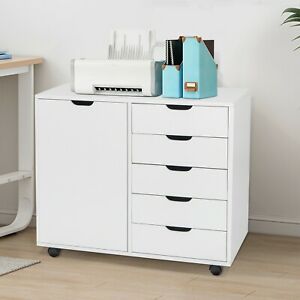 Single Door Five Drawers MDF With PVC Wooden Filing Cabinet White