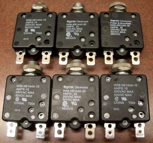 Lot of 6 - Tyco/Potter &amp; Brumfield Circuit Breakers - W58-XB1A4A - 10 to 30 Amp