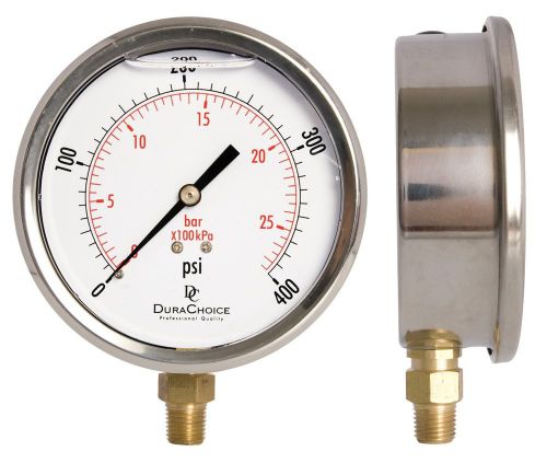 4&#034; liquid filled pressure gauge stainless 0-400 psi/2600kpa 1/4&#034; npt lower mount for sale