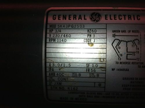 Ge, 3/4 hp, model 5k43pg2503, electric motor, 3 phase, rpm-1140 for sale