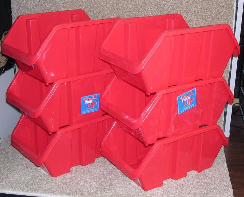 2054/ large red 6 storage bins dabble sided opening plastic stackable stack up for sale