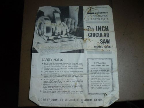 VINTAGE PENNCRAFT CIRCULAR SAW OPERATION &amp; PARTS DATA MANUAL 4052 USED CONDITION