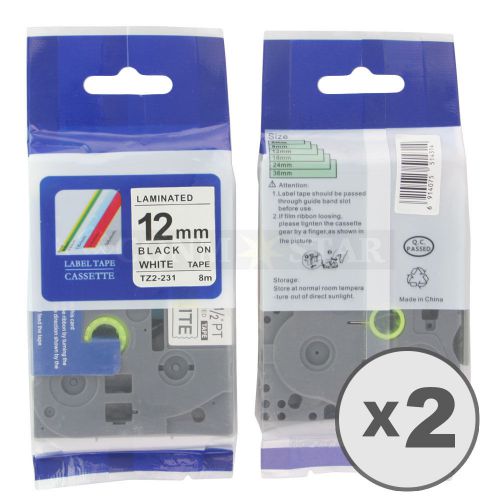 2pk white on black tape label for brother p-touch tz tze 231 12mm 1/2&#034; 26.2ft for sale
