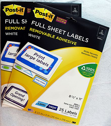 Rare 2 Packs New Post-It Full Sheet Removable Labels 2500-L  (50 Total Labels)