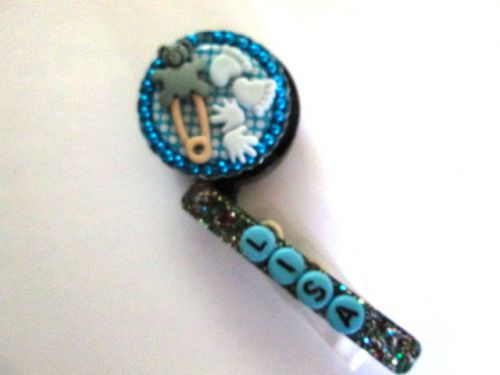 Baby safety pin blue personalized id badge reel holder medical,nurse,pediatrics for sale