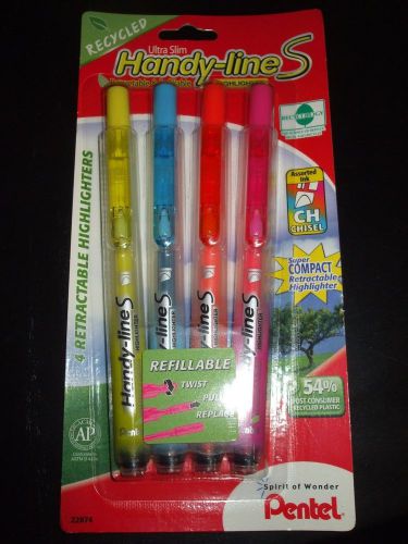 Pentel Ultra Slim Handy-lineS Highlighters, Assorted Ink, 4/Pack Retractable NEW