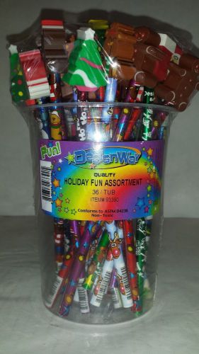 Pencils with Holiday Themes &amp; Erasers - Tub of 36 - Brand New!