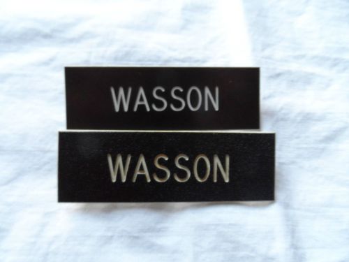 2 WASSON PLASTIC NAME TAGS BADGE PLATES 3&#034; LONG BLACK WITH WHITE LETTERS