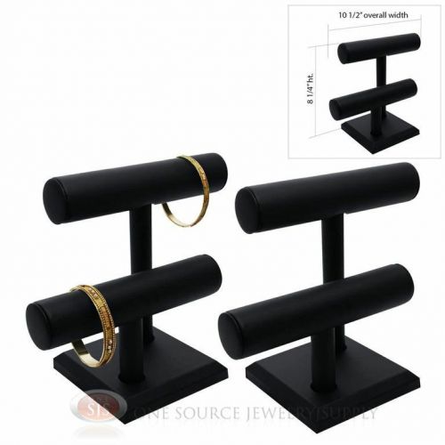 (2) 8 1/4&#034; black leather 2 tier t-bar round jewelry bracelet display for sale