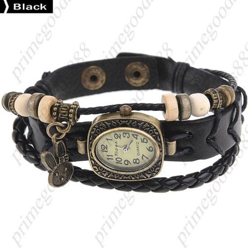 PU Leather Rabbit Quartz Wrist Wristwatch Free Shipping Women&#039;s Black