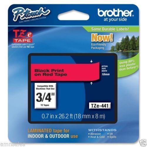 GENUINE Brother P-Touch 3/4&#034; 18mm BLACK on RED Labeler Tape TZ TZe 441