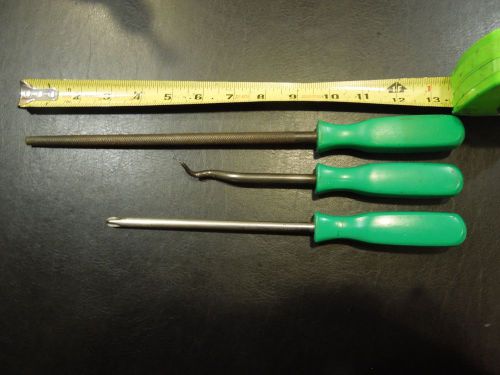 Vintage Green Contour Snap on Tools Screwdriver, File, Cotterpin puller Used 3pc