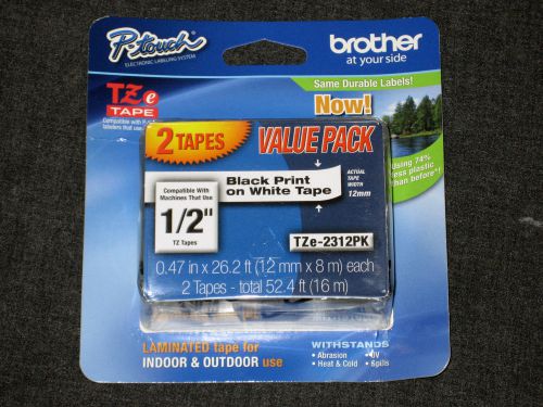2 Pack Brother P-touch TZe Tape Labels TZe-2312PK Black on White 1/2&#034; In/Out