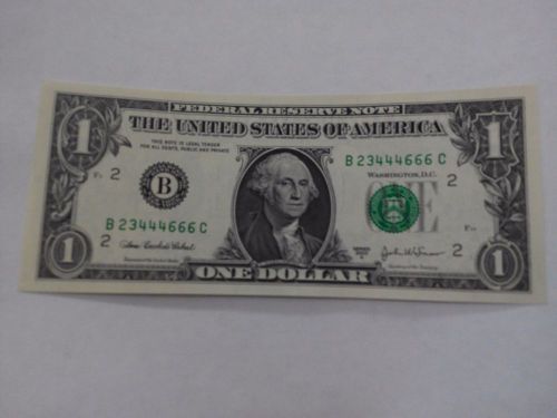 uncirculated 2003A Fancy one dollar bill with serial number B234666C
