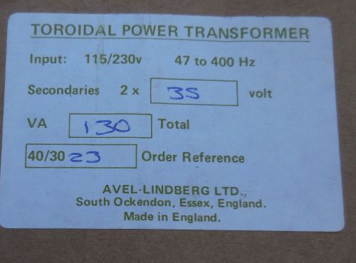 Toroidal P0wer Transformer Secondaries 2x10 VA130  40/30 23 NIB