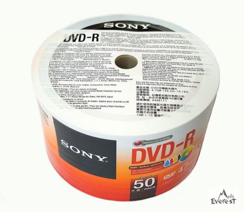 50 Sony DVD-R 16x Inkjet White Printable Disc 120 min 4.7gb Plastic In Wrap