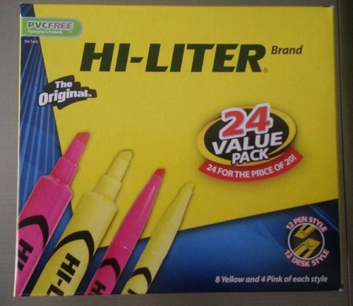 HI-LITER 24 VALUE PACK Pen Desk Style 8 Yellow 4 Pink of each style 29862 NIB