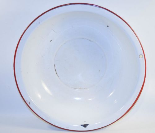 Vintage 13&#034; Enamel Bowl white Red Trim
