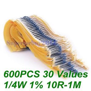 600PCS 30 Values 1/4W 1% Metal Film Resistors Resistance Assortment Kit Set