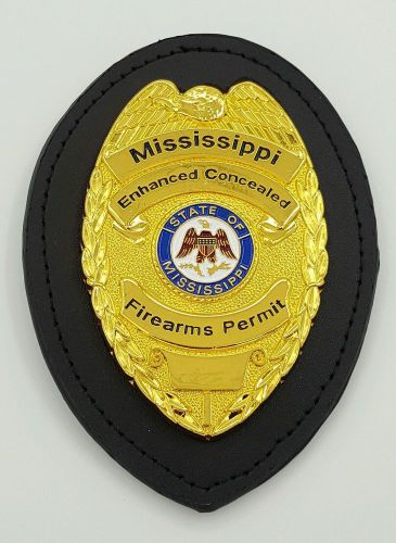 Mississippi Enhanced Concealed Firearms Permit Gold Badge &amp; Leather Clip Holder