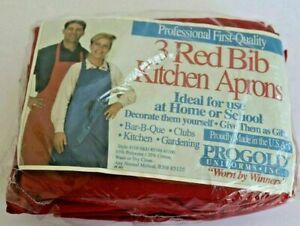 Set of 3 Professional First Quality Red Bib Kitchen Aprons Progold Uniforms Inc