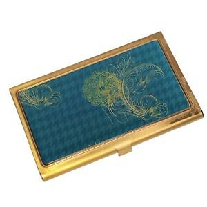 Vintage Business Card Case/Compact Gold Tone Aqua Hound&#039;s Tooth Gold Floral