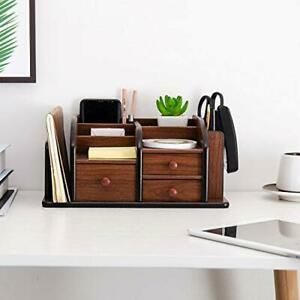 Brown Wooden Office Supplies Caddy Tabletop Storage Desk Organizer with