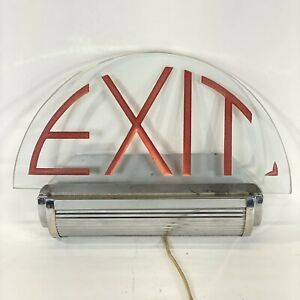 Antique Lighted Electric Theater EXIT Sign Chrome &amp; Glass - Retro