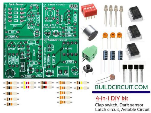 4-in-1 DIY kit- clap switch, dark sensor, latch circuit and astable circuit