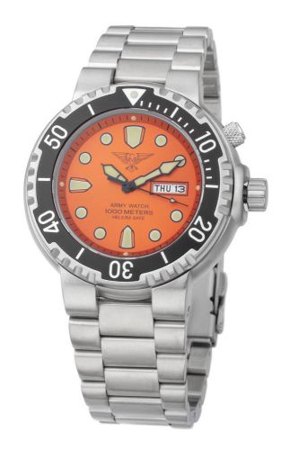 Army watch gemany, diver watch, 1000 m, helium valve, day &amp; date, orange, light for sale