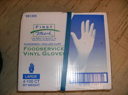 400 Count First Mark Foodservice Vinyl Gloves LARGE Powdered Free Rolled Cuff
