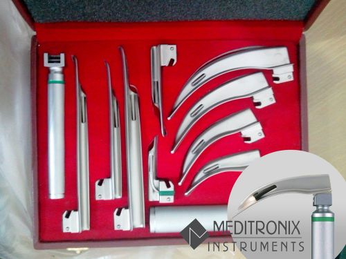 Ent mac + miller polished acrylic fo laryngoscope se- 9 blades + 2 handle + case for sale
