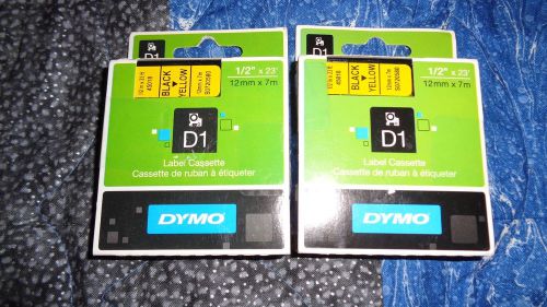 Lot of 2 (Two) Genuine DYMO 45018 D1 Label Cassettes Black/Yellow 1858737 1/2&#034;