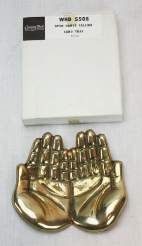 Vintage Solid Brass Open Hands Calling Card Business Card Tray Holder w Box
