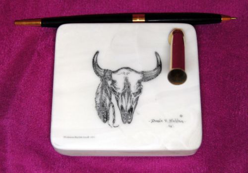 Indian Buffalo Skull Montana Marble Desk Pen Holder Set