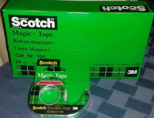 New in Sealed Box 24 Rolls 1/2&#034; x 450&#034; 3M Scotch Magic Tape - 104 WITH DISPENSER