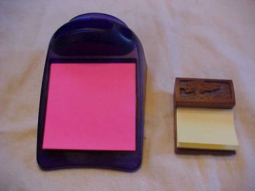 POST IT NOTE HOLDER ONE WOODEN SMALL ONE AND ONE LARGER PLASTIC ONE