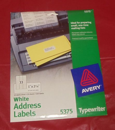 New Sealed AVERY 5375 - WHITE ADDRESS LABELS- 1&#034;X 2 5/8&#034; - 660 LABELS - TYPEWRIT