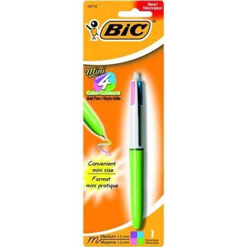 BIC Mini 4-Color Retractable Ball Pen Pink Purple Turquoise and Lime Green Ink