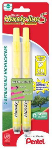 Pentel Handy-Line S Retractable Highlighter Chisel Tip Yellow Ink 2 Pack Carded