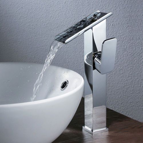 Modern Slide Waterfall Single Handle Vessel Sink Faucet Chrome Tap Free Shipping