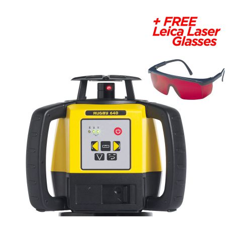 Leica rugby 640 construction laser w/rod eye-basic &amp; alkaline battery for sale