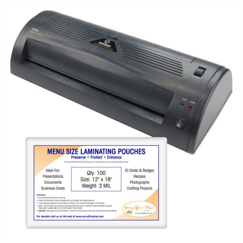 Royal pl-2112 hot 12&#034; wide laminating machine w/ 100 menu size laminator pouches for sale
